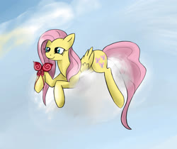 Size: 3808x3200 | Tagged: safe, artist:weird--fish, fluttershy, butterfly, pony, g4, cloud, cute, female, high res, shyabetes, solo