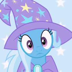 Size: 768x768 | Tagged: safe, artist:ponysource, trixie, pony, unicorn, g4, cape, clothes, female, hat, looking at you, solo, trixie's cape, trixie's hat