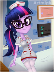 Size: 1800x2389 | Tagged: safe, artist:artmlpk, sci-twi, twilight sparkle, equestria girls, g4, adorable face, adorkable, alternate hairstyle, bed, blushing, breasts, cleavage, clothes, costume, cute, design, digital art, diploma, dork, female, glasses, hat, hospital, hospital bed, looking at you, nurse, nurse hat, nurse outfit, outfit, ponytail, poster, room, socks, solo, thigh highs, thigh socks, twiabetes