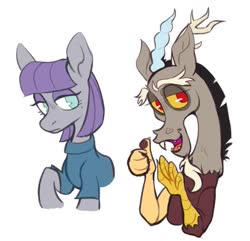 Size: 911x877 | Tagged: safe, artist:onionpwder, discord, maud pie, draconequus, earth pony, pony, g4, clothes, cute, discute, dress, duo, duo male and female, female, looking at you, male, mare, maudabetes, open mouth, raised hoof, simple background, smiling, smiling at you, thumbs up, white background