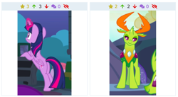 Size: 706x387 | Tagged: safe, edit, edited screencap, screencap, thorax, twilight sparkle, alicorn, changedling, changeling, pony, derpibooru, celestial advice, g4, butt, cropped, female, juxtaposition, king thorax, lidded eyes, male, meme, meta, offscreen character, out of context, plot, shipping, stare, straight, twibutt, twilight sparkle (alicorn), twirax