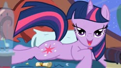 Size: 1280x720 | Tagged: safe, artist:tiarawhy, edit, screencap, twilight sparkle, pony, unicorn, g4, bedroom eyes, bronybait, female, lidded eyes, lying on bed, mare, moaning, moaning in pleasure, open mouth, pillow, scroll, seductive pose, sexy, show accurate, solo, stupid sexy twilight