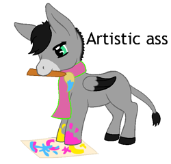 Size: 647x622 | Tagged: safe, artist:chili19, oc, oc only, oc:chili, donkey, hybrid, pony, clothes, female, mouth drawing, mouth hold, painting, pun, scarf, simple background, solo, text, transparent background, wings