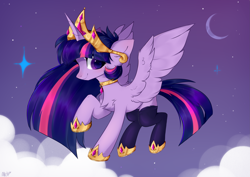 Size: 3541x2508 | Tagged: safe, artist:alkit_is_not_me, artist:angryroru, twilight sparkle, alicorn, pony, g4, big crown thingy, chest fluff, clothes, cloud, crescent moon, crown, cute, ear fluff, element of magic, eye clipping through hair, female, flying, high res, hoof shoes, jewelry, mare, moon, night, profile, regalia, sky, socks, solo, spread wings, stars, stockings, thigh highs, twiabetes, twilight sparkle (alicorn), wings