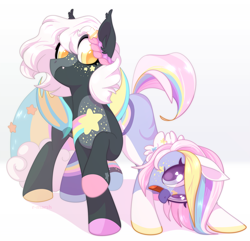 Size: 1396x1343 | Tagged: dead source, safe, artist:sartf, oc, oc only, bat pony, pony, bat pony oc, bat wings, coat markings, colored hooves, colored pupils, cute, cute little fangs, duo, ear fluff, face down ass up, fangs, female, freckles, looking at you, mare, open mouth, raised hoof, raised tail, signature, smiling, socks (coat markings), tail, wings