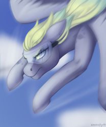 Size: 2500x3000 | Tagged: safe, artist:jessicanyuchi, derpy hooves, pegasus, pony, g4, cloud, female, floppy ears, flying, goggles, high res, mare, signature, solo, spread wings, wings