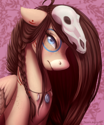 Size: 2500x3000 | Tagged: safe, artist:jessicanyuchi, oc, oc only, oc:ondrea, pegasus, pony, abstract background, braid, bust, coat markings, female, floppy ears, high res, jewelry, mare, necklace, signature, solo