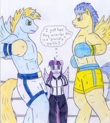 Size: 846x940 | Tagged: safe, artist:jose-ramiro, flash sentry, twilight sparkle, oc, oc:harmony star, alicorn, anthro, g4, alicorn oc, boxing, boxing gloves, clothes, comic, horn, partial nudity, sports, text, thought bubble, topless, traditional art, twilight sparkle (alicorn)