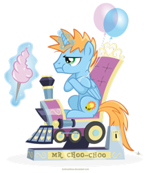 Size: 822x971 | Tagged: safe, artist:lookmaidrew, oc, oc only, oc:harmony star, alicorn, pony, alicorn oc, cotton candy, horn, kiddie ride, male, simple background, solo, stallion, train, transparent background