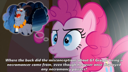 Size: 2000x1125 | Tagged: safe, edit, edited screencap, screencap, grogar (g1), pinkie pie, earth pony, pony, sheep, g1, g4, my little pony 'n friends, party of one, beard, bell, caption, collar, confused, dafuq, eyebrows, facial hair, female, image macro, male, mare, meme, misconception, necromancer, necromancy, ram, red eyes, text, thought bubble