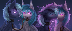 Size: 4560x1996 | Tagged: safe, artist:magicbalance, oc, oc only, oc:helium star, oc:midnight dagger, bat pony, bat pony oc, blushing, bust, chest fluff, collar, cute, cute little fangs, duo, eyes closed, fangs, female, floating heart, floppy ears, heart, hypnosis, kissing, leash, male, mare, signature, slit pupils, stallion
