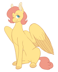 Size: 1342x1649 | Tagged: safe, artist:sandwichbuns, fluttershy, pegasus, pony, g4, alternate hairstyle, female, mare, one eye closed, short mane, simple background, sitting, solo, white background, wink