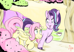 Size: 2105x1488 | Tagged: safe, artist:jojohernandez, fluttershy, starlight glimmer, pegasus, pony, unicorn, g4, coffee, colored hooves, duo, februpony, female, folded wings, looking at each other, mare, outdoors, raised hoof, smiling, walking, wings