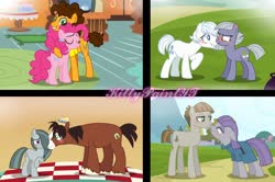 Size: 1280x850 | Tagged: safe, artist:kittypaintyt, cheese sandwich, double diamond, limestone pie, marble pie, maud pie, mudbriar, pinkie pie, trouble shoes, earth pony, pony, g4, the maud couple, blushing, boop, boyfriend and girlfriend, crack shipping, female, limediamond, limetsun pie, male, marbleshoes, mare, noseboop, nuzzling, picnic blanket, pie sisters, ponyville, ship:cheesepie, ship:maudbriar, shipping, siblings, sisters, smiling, stallion, straight, sugarcube corner, tsundere, when he smiles, when she smiles