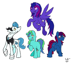 Size: 1612x1404 | Tagged: safe, alternate version, artist:lucas_gaxiola, oc, oc only, earth pony, pegasus, pony, unicorn, clothes, colored, cuffs (clothes), earth pony oc, facial hair, female, flying, glasses, group, horn, male, mare, moustache, necktie, pegasus oc, raised hoof, stallion, unicorn oc, wings
