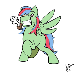 Size: 952x920 | Tagged: safe, artist:lucas_gaxiola, oc, oc only, pegasus, pony, eyepatch, gritted teeth, male, pegasus oc, pipe, raised hoof, signature, simple background, smoking, solo, stallion, white background, wings