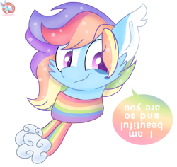 Size: 1212x1142 | Tagged: safe, artist:rainbow eevee, oc, oc only, oc:prisma color, bat pony, pony, bat pony oc, clothes, cute, dialogue, looking at you, message, multicolored hair, pastel, positive ponies, scarf, simple background, smiling, smiling at you, smirk, solo, speech bubble, transparent background, upside down, wholesome