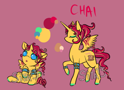 Size: 1100x800 | Tagged: safe, artist:lavvythejackalope, oc, oc only, oc:chai, alicorn, pony, :o, alicorn oc, baby, baby pony, bracelet, colored hooves, duo, eyes closed, horn, jewelry, makeup, open mouth, reference sheet, simple background, sitting, text