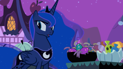 Size: 2880x1620 | Tagged: safe, screencap, princess luna, alicorn, pony, spider, g4, luna eclipsed, season 2, aside glance, asking, bowl, crown, curious, ethereal mane, female, festival, flowing mane, folded wings, interested, jewelry, mare, night, nightmare night, open mouth, plushie, raised eyebrow, regalia, wings