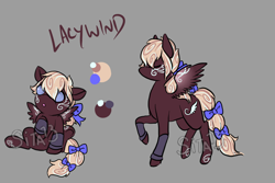 Size: 1200x800 | Tagged: safe, artist:lavvythejackalope, oc, oc only, oc:lacy wind, pegasus, pony, :o, baby, baby pony, bow, duo, eyes closed, open mouth, pegasus oc, reference sheet, simple background, sitting, tail bow, tattoo, text, underhoof, wings