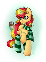 Size: 2322x3095 | Tagged: safe, artist:the---sound, sunset shimmer, pony, unicorn, g4, clothes, coffee, coffee cup, cup, cute, female, high res, magic, mare, partial background, scarf, shimmerbetes, socks, solo, striped socks, telekinesis