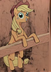 Size: 2480x3508 | Tagged: safe, artist:short tale, applejack, earth pony, pony, g4, brown background, digital art, farm, female, fence, high res, simple background, smiling, solo, traditional art
