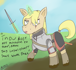 Size: 2656x2446 | Tagged: safe, artist:arrell, oc, oc only, oc:stalwart crusader, pony, unicorn, blonde, cross, elizabethan, fantasy class, female, glowing horn, high res, horn, knight, looking at you, mud, scar, solo, sword, warrior, weapon