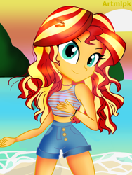 Size: 1800x2400 | Tagged: safe, artist:artmlpk, sunset shimmer, equestria girls, g4, alternate hairstyle, beach, bracelet, choker, clothes, cute, denim shorts, digital art, female, hair, hairpin, jewelry, looking at you, ocean, shimmerbetes, shorts, smiling, smiling at you, solo, vacation
