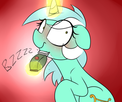 Size: 1200x1000 | Tagged: source needed, safe, artist:datte-before-dawn, lyra heartstrings, pony, unicorn, g4, blushing, electric razor, embarrassed, female, mare, razor, red background, shaver, shaving, solo