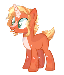 Size: 1280x1494 | Tagged: safe, artist:emiedoodles, oc, oc only, pony, unicorn, base used, blank flank, blaze (coat marking), coat markings, colored belly, eye clipping through hair, facial markings, female, freckles, magical gay spawn, mare, offspring, pale belly, parent:big macintosh, parent:sunburst, parents:macburst, short tail, simple background, solo, transparent background, watermark