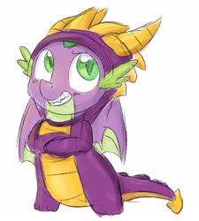 Size: 1940x2160 | Tagged: safe, artist:lbrcloud, spike, dragon, g4, clothes, cosplay, costume, crossed arms, crossover, cute, dragon costume, kigurumi, male, simple background, smiling, solo, spikabetes, spike as spyro, spyro the dragon, spyro the dragon (series), white background, winged spike, wings