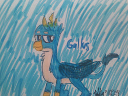 Size: 1280x960 | Tagged: safe, artist:johng15, gallus, griffon, g4, male, signature, simple background, solo, text, traditional art