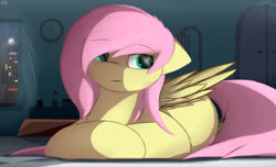 Size: 2560x1560 | Tagged: safe, artist:ssnerdy, fluttershy, pegasus, pony, g4, bedroom, clock, cute, female, floppy ears, mare, prone, shyabetes, solo