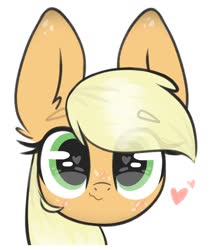 Size: 1456x1732 | Tagged: safe, artist:wholesomedoe, applejack, pony, unicorn, g4, blushing, bust, cute, ear fluff, eye clipping through hair, eyebrows, eyebrows visible through hair, female, head only, heart, heart eyes, jackabetes, looking at you, portrait, simple background, solo, white background, wingding eyes