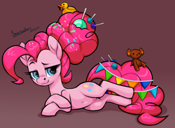 Size: 2718x1992 | Tagged: safe, artist:moonseeker, pinkie pie, earth pony, pony, g4, the last problem, belly button, candy, candy in hair, confetti, female, food, lollipop, looking at you, mare, older, older pinkie pie, rubber duck, solo, teddy bear
