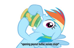 Size: 800x524 | Tagged: safe, rainbow dash, pegasus, pony, g4, descriptive noise, female, food, jazz music stops, joke, mare, meme, peanut butter, simple background, white background