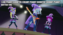 Size: 896x500 | Tagged: safe, edit, edited screencap, screencap, fuchsia blush, lavender lace, trixie, equestria girls, g4, my little pony equestria girls: rainbow rocks, caption, image macro, implied pear butter, meme, text, trixie and the illusions