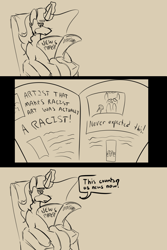 Size: 4000x6000 | Tagged: safe, artist:sile-animus, oc, oc only, oc:sile, pony, unicorn, chair, drama, magic, meta, monochrome, newspaper, not impressed, racism, sitting, solo, text, twitter