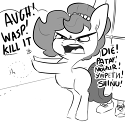 Size: 2250x2250 | Tagged: safe, artist:tjpones, part of a set, oc, oc only, oc:brownie bun, oc:richard, bee, earth pony, human, insect, pony, female, grayscale, high res, male, mare, monochrome, simple background, white background