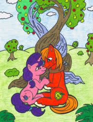 Size: 1600x2082 | Tagged: safe, artist:jamestkelley, big macintosh, sugar belle, earth pony, pony, unicorn, g4, the big mac question, apple, apple tree, bush, cloud, couple, cute, cutie mark, female, food, holding hooves, intertwined trees, looking at each other, love, male, pear, pear tree, ship:sugarmac, shipping, sky, smiling, straight, sweet apple acres, traditional art, tree