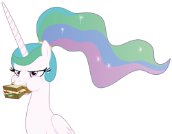 Size: 9396x7330 | Tagged: safe, artist:dragonchaser123, princess celestia, alicorn, pony, between dark and dawn, g4, absurd resolution, alternate hairstyle, angry eating, base used, eating, female, food, mare, missing accessory, ponytail, sandwich, simple background, solo, transparent background