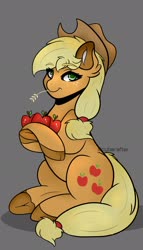 Size: 1170x2048 | Tagged: safe, artist:cyberafter, applejack, earth pony, pony, g4, apple, female, food, gray background, mare, simple background, smiling, solo, watermark
