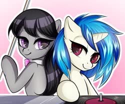 Size: 2048x1702 | Tagged: safe, artist:yutakira92, dj pon-3, octavia melody, vinyl scratch, earth pony, pony, unicorn, bow (instrument), bust, cute, dj booth, duo, ear fluff, female, lidded eyes, mare, pink background, red eyes, simple background, turntable, vinyl disc