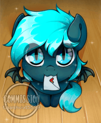 Size: 650x790 | Tagged: safe, artist:helithusvy, oc, oc only, oc:guttatus, bat pony, pony, :3, animated, bat eyes, bat pony oc, bat wings, blinking, blue eyes, commission, cute, gif, letter, looking at you, looking up, male, simple background, sitting, solo, spread wings, stallion, wings, ych animation, ych result