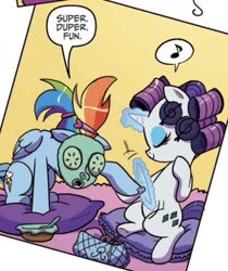 Size: 369x439 | Tagged: safe, artist:amy mebberson, idw, rainbow dash, rarity, g4, spoiler:comic, spoiler:comic5, cucumber, food, hair curlers, makeover, mud mask, nail file