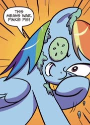 Size: 321x448 | Tagged: safe, artist:amy mebberson, idw, rainbow dash, g4, spoiler:comic, spoiler:comic5, cucumber, cucumber monocle, cucumber pirate, food, implied pinkie pie, mud mask, pillow, pillow fight, wiping