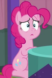 Size: 717x1070 | Tagged: safe, screencap, pinkie pie, earth pony, pony, a trivial pursuit, g4, cropped, cute, female, mare, sad, sadorable, sitting, solo