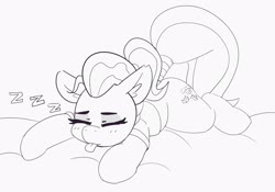 Size: 3660x2560 | Tagged: safe, artist:pabbley, doctor fauna, earth pony, pony, g4, cute, ear fluff, eyes closed, faunabetes, female, high res, lying down, mare, monochrome, onomatopoeia, sleeping, solo, sound effects, tongue out, zzz