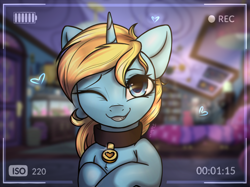 Size: 3000x2248 | Tagged: safe, artist:radioaxi, oc, oc only, oc:skydreams, pony, unicorn, collar, cute, daaaaaaaaaaaw, female, femsub, high res, looking at you, mare, one eye closed, pet tag, subdorable, submissive, wink, winking at you, ych result