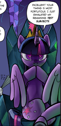 Size: 381x790 | Tagged: safe, artist:pencils, twilight sparkle, alicorn, pony, comic:marble mare manquee, g4, cropped, crossed hooves, crossed legs, crown, female, friendship throne, gendo pose, hooves together, jewelry, regalia, sinister, sitting, solo, speech bubble, twilight sparkle (alicorn), wings
